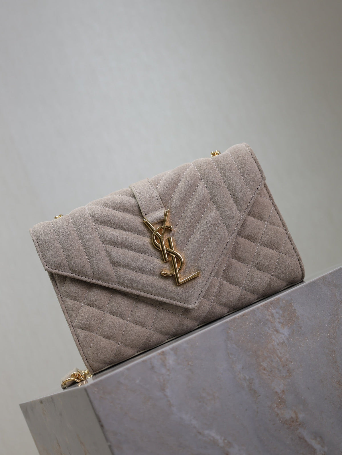 Saint Laurent Envelope Small Chain Bag 22 in Beige Suede Gold Hardware