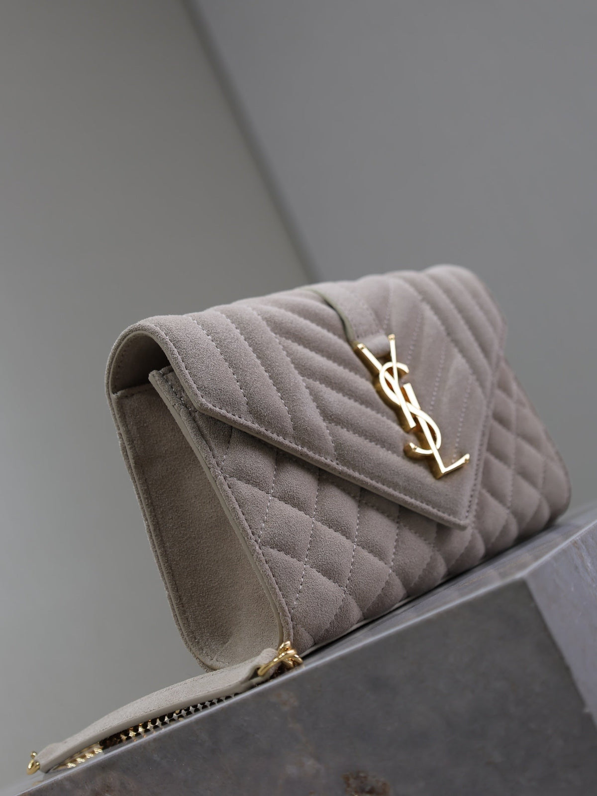 Saint Laurent Envelope Small Chain Bag 22 in Beige Suede Gold Hardware