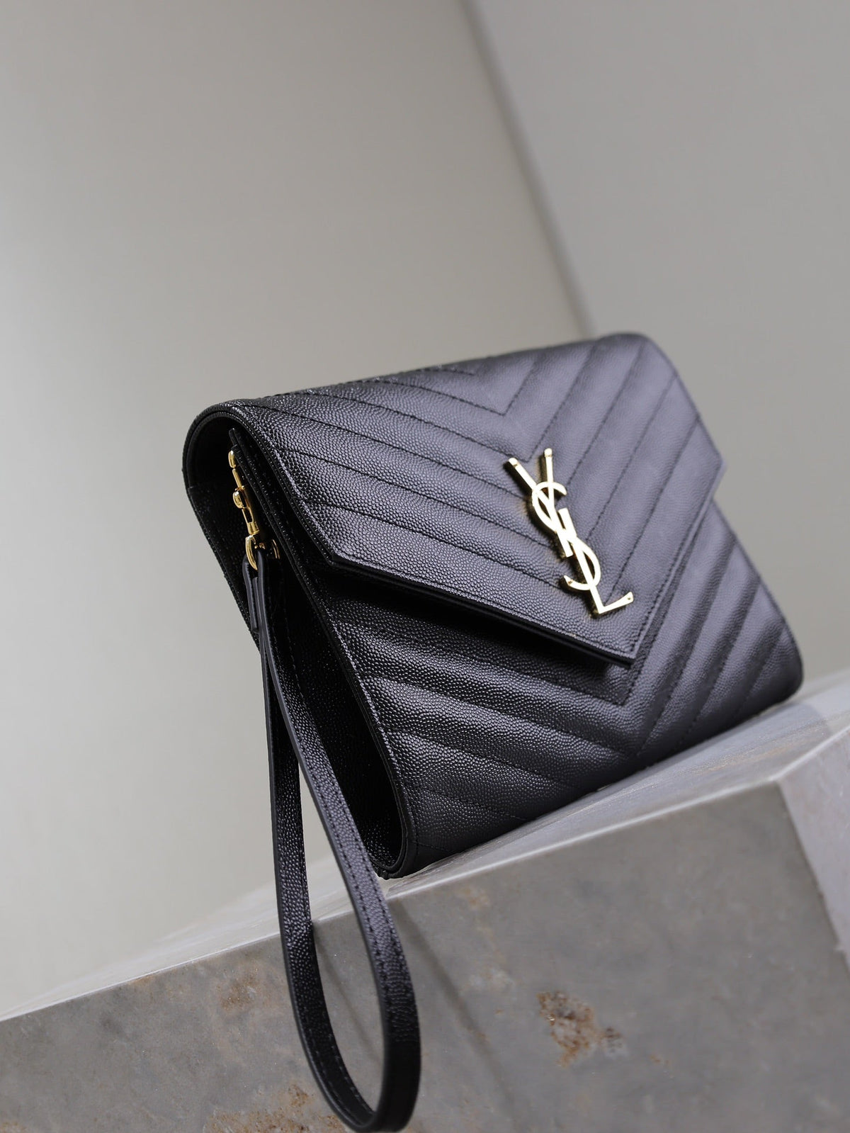 Saint Laurent Cassandre Clutch 21 in Black Lambskin Gold Hardware