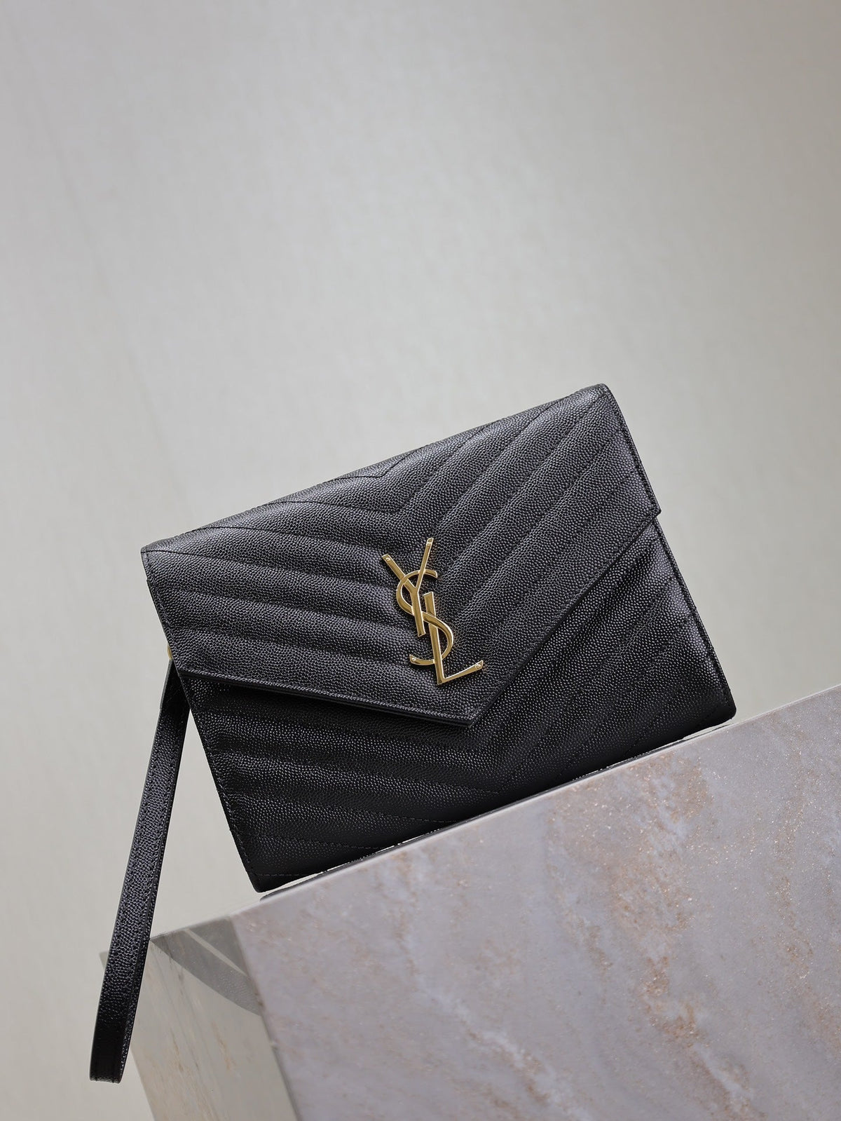 Saint Laurent Cassandre Clutch 21 in Black Lambskin Gold Hardware