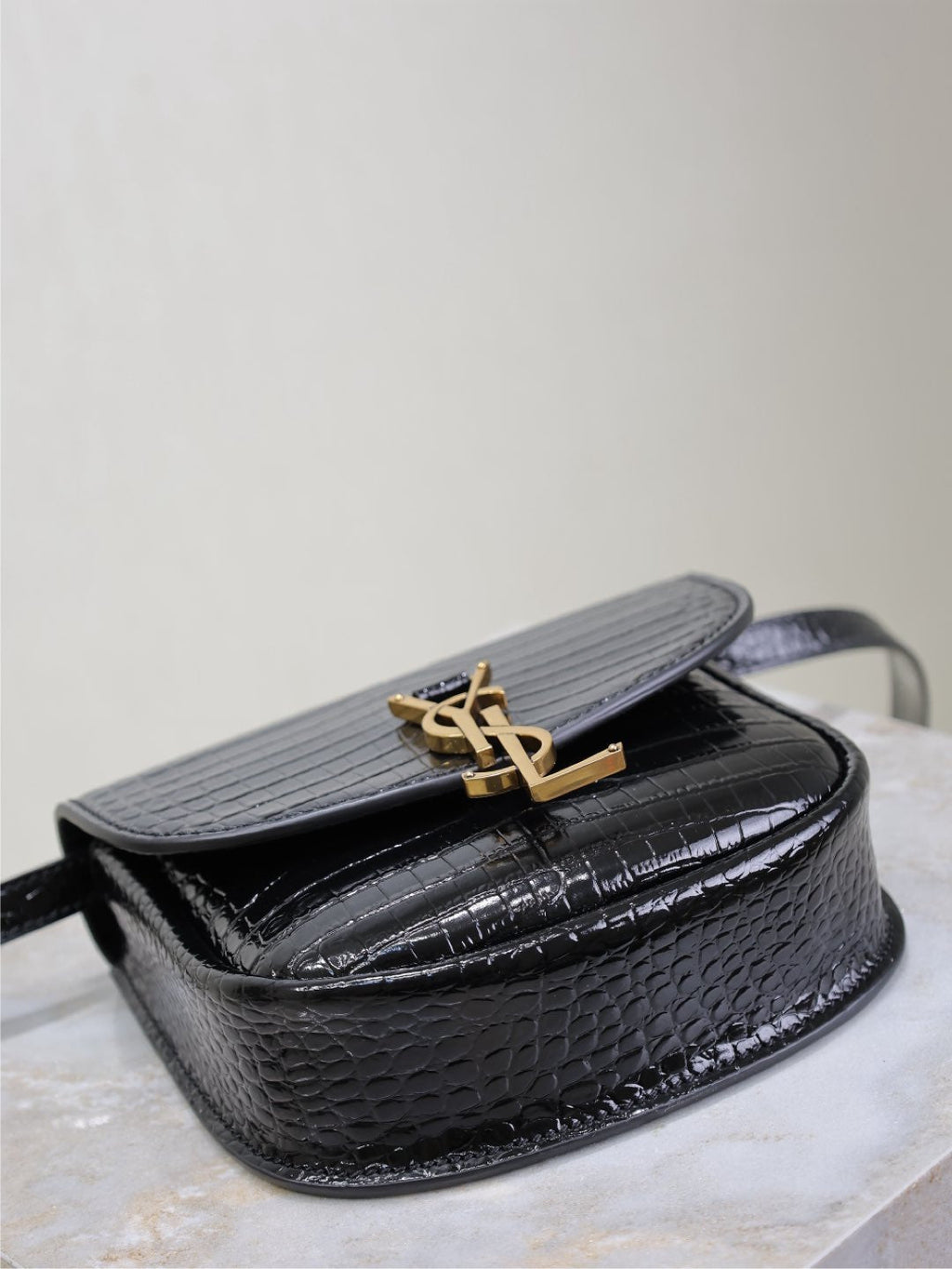 Saint Laurent Kaia Small Crocodile Pattern Bag 18 in Black Glossy Calfskin Copper Hardware