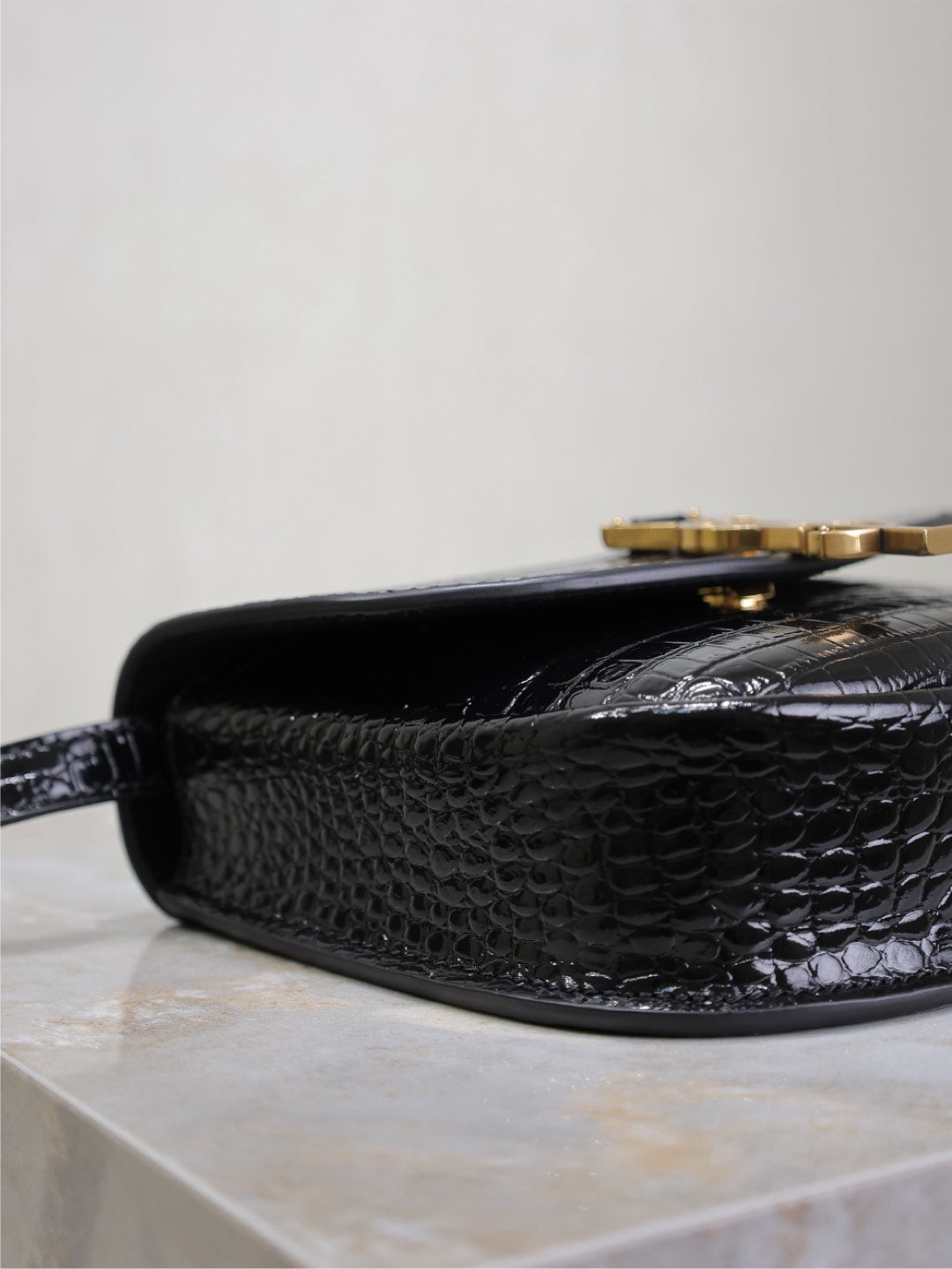 Saint Laurent Kaia Small Crocodile Pattern Bag 18 in Black Glossy Calfskin Copper Hardware