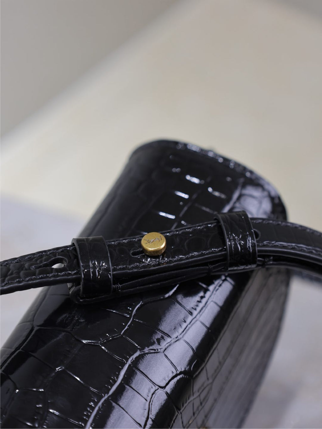 Saint Laurent Kaia Small Crocodile Pattern Bag 18 in Black Glossy Calfskin Copper Hardware