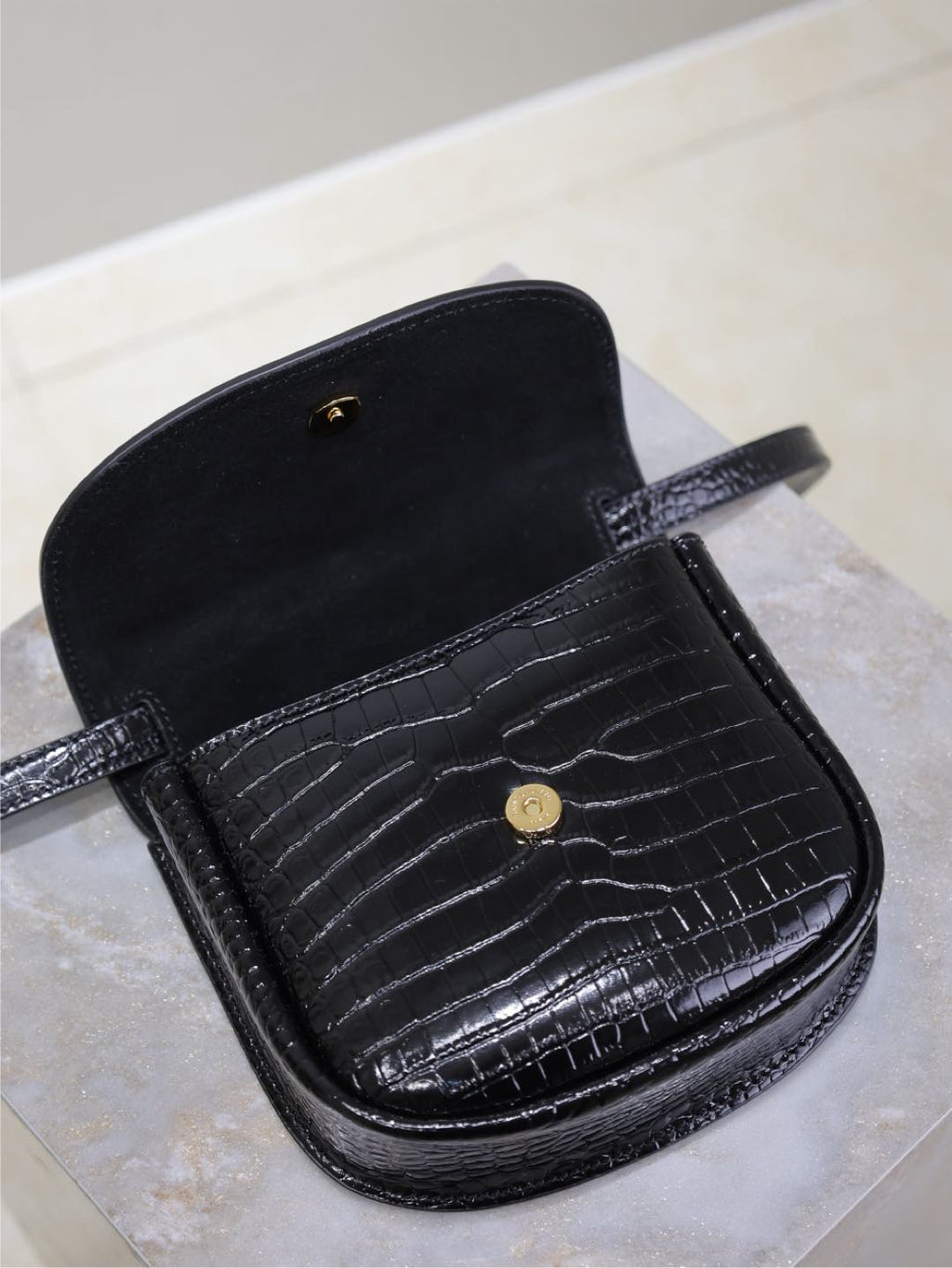 Saint Laurent Kaia Small Crocodile Pattern Bag 18 in Black Glossy Calfskin Copper Hardware