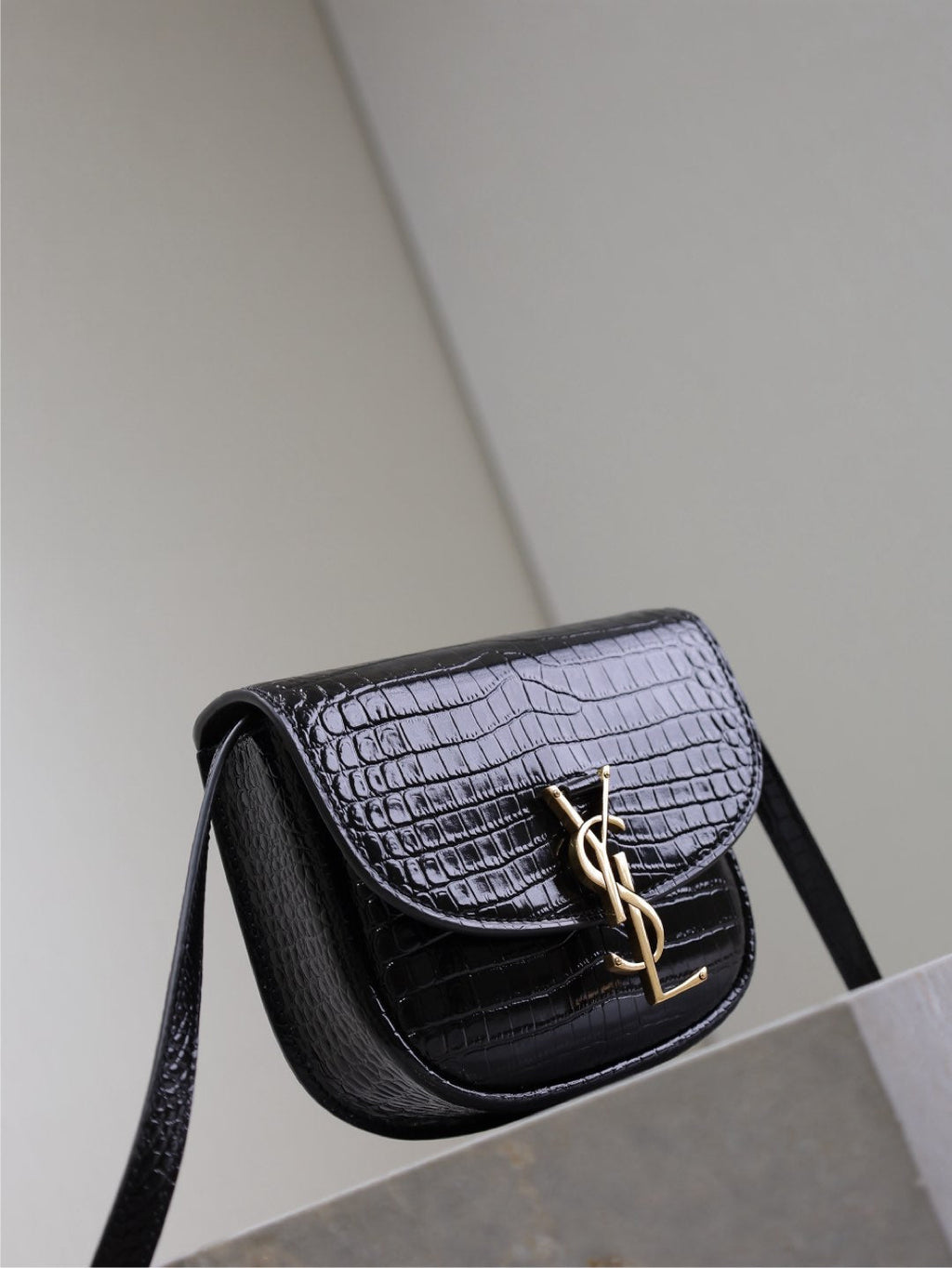 Saint Laurent Kaia Small Crocodile Pattern Bag 18 in Black Glossy Calfskin Copper Hardware