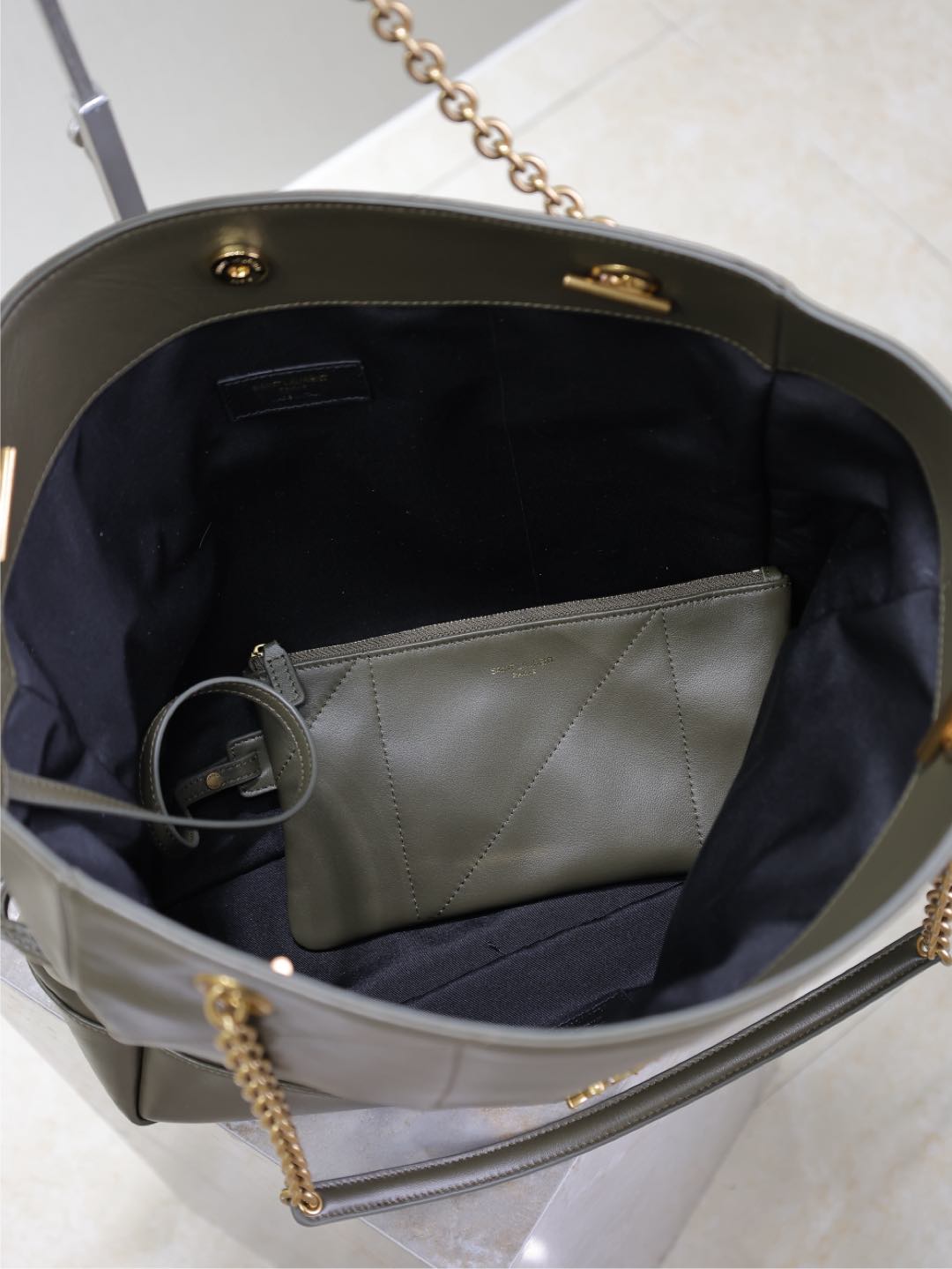 Saint Laurent Jamie Large Pochon 34 in Uniform Green Lambskin Copper Hardware Bag