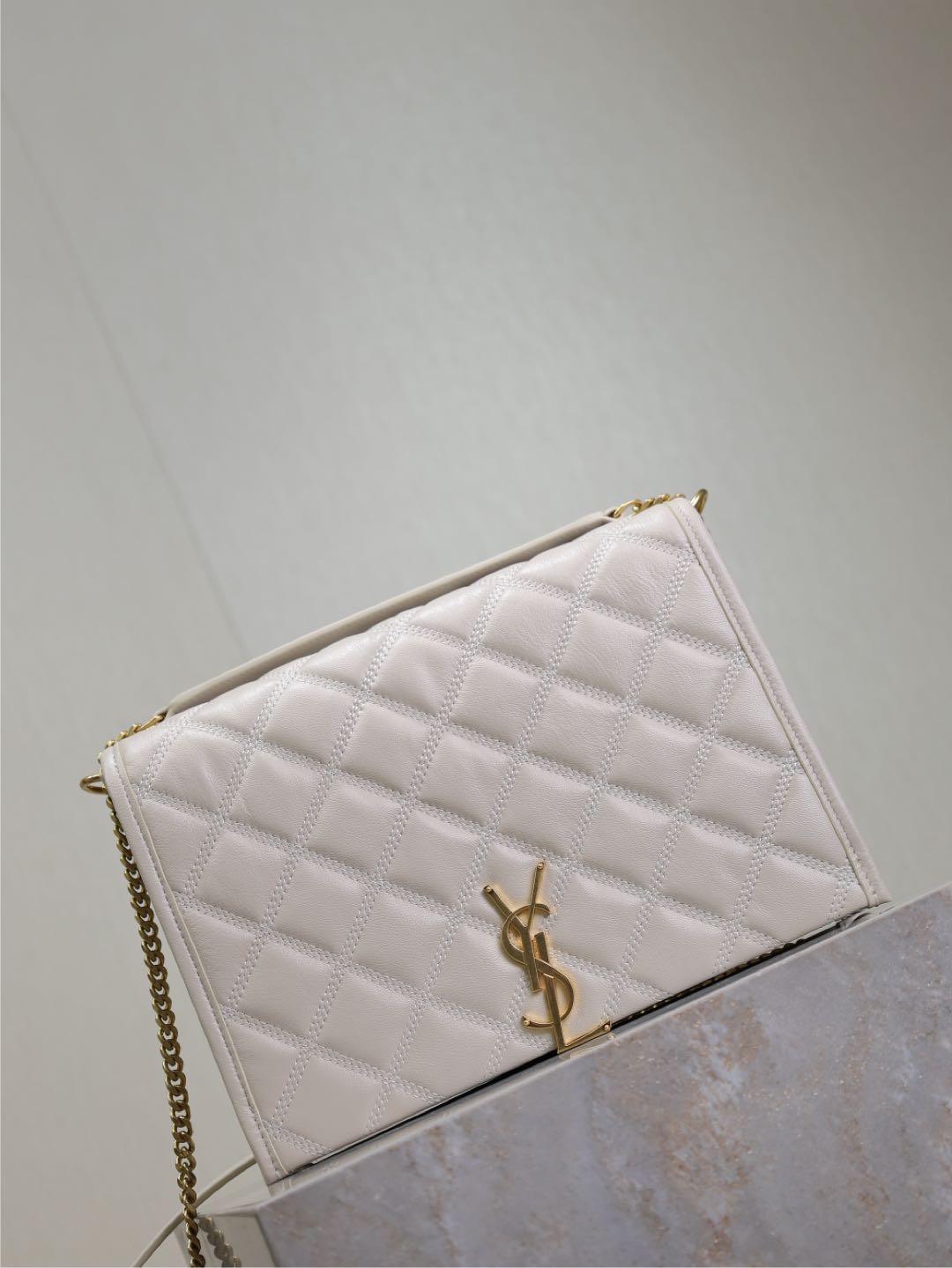 Saint Laurent Becky 26 in White Quilted Lambskin Gold Hardware Bag