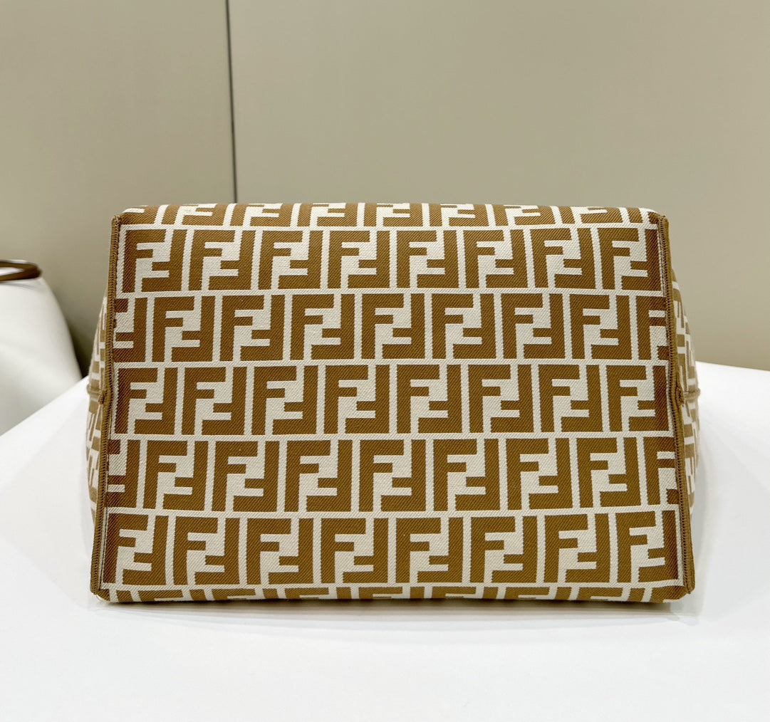Fendi Roll 33 Tote Bag in Peanut Brown Mix White Canvas