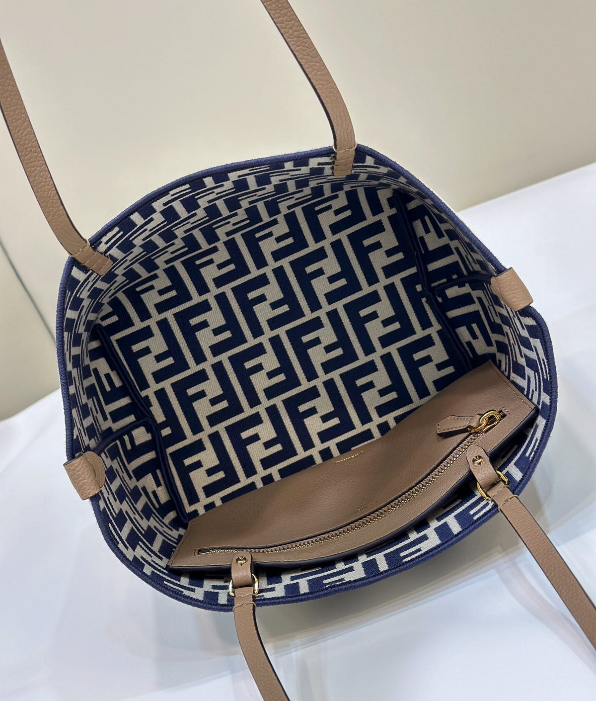 Fendi Roll 22 Tote Bag in Midnight Blue Mix White Canvas
