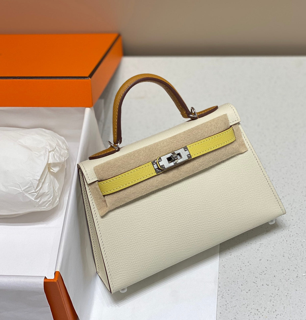Hermes Kelly Mini 20 White Yellow Brown Epsom Silver Hardware Bag