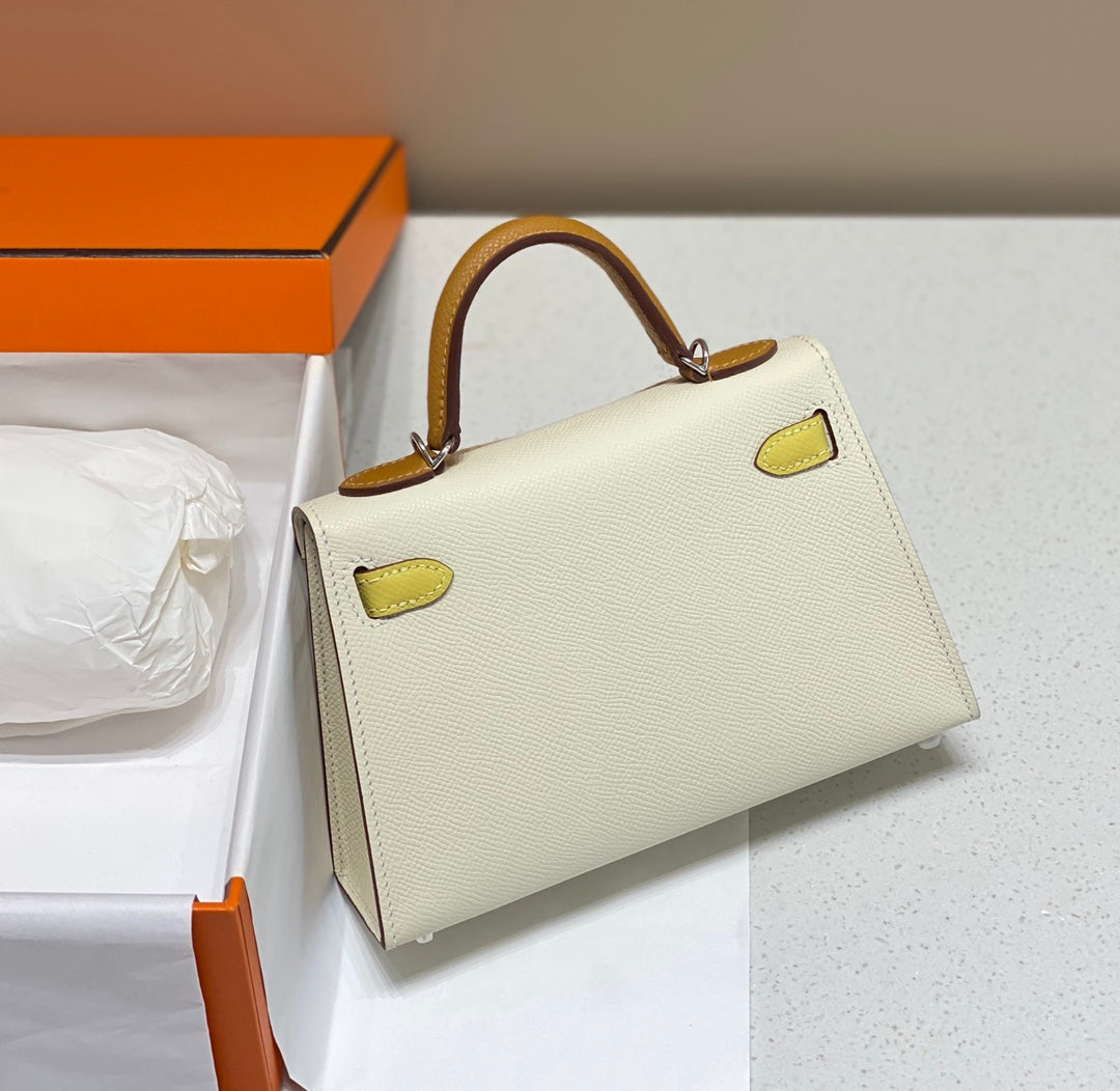 Hermes Kelly Mini 20 White Yellow Brown Epsom Silver Hardware Bag