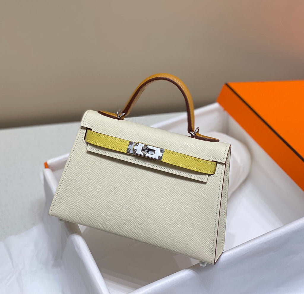 Hermes Kelly Mini 20 White Yellow Brown Epsom Silver Hardware Bag