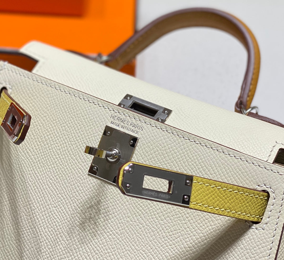 Hermes Kelly Mini 20 White Yellow Brown Epsom Silver Hardware Bag