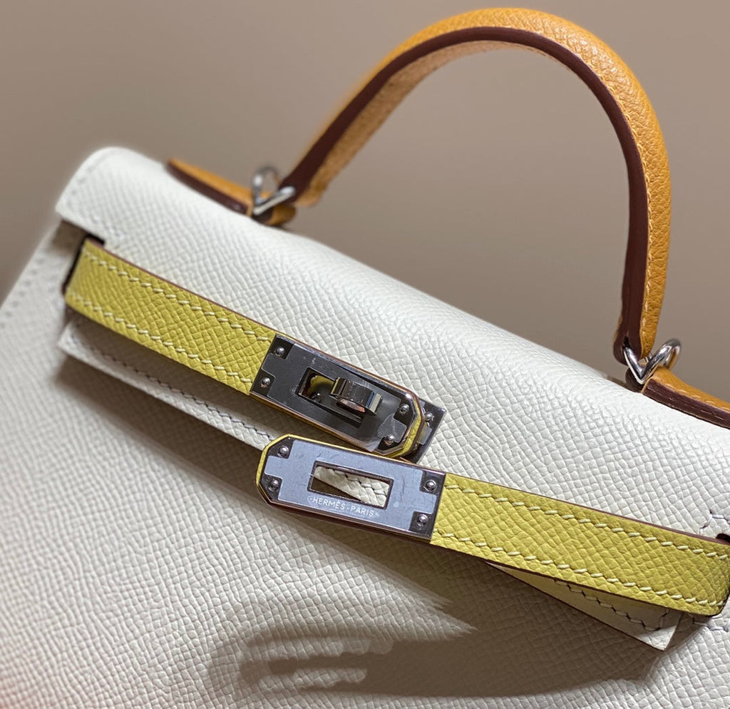 Hermes Kelly Mini 20 White Yellow Brown Epsom Silver Hardware Bag