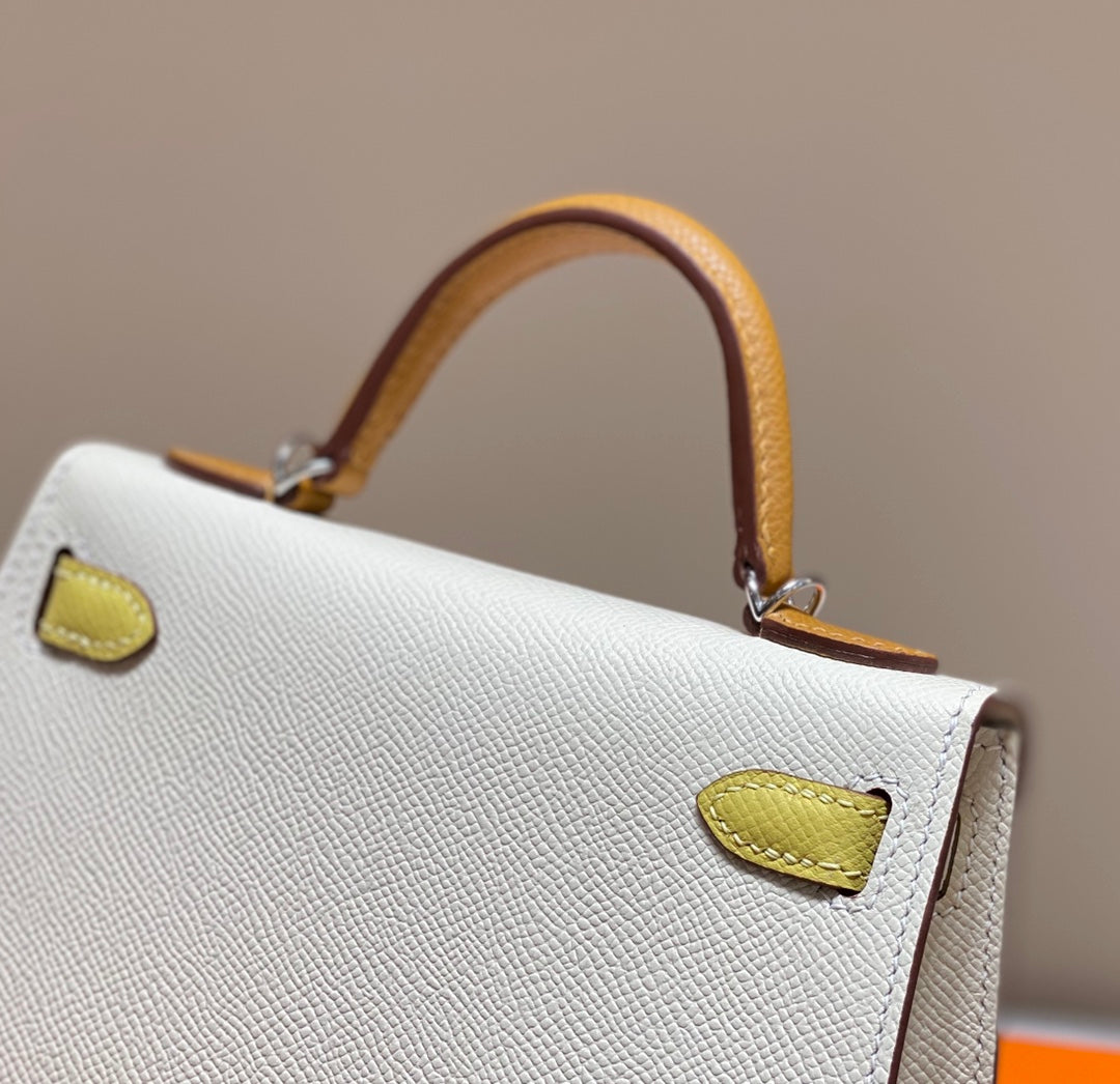 Hermes Kelly Mini 20 White Yellow Brown Epsom Silver Hardware Bag