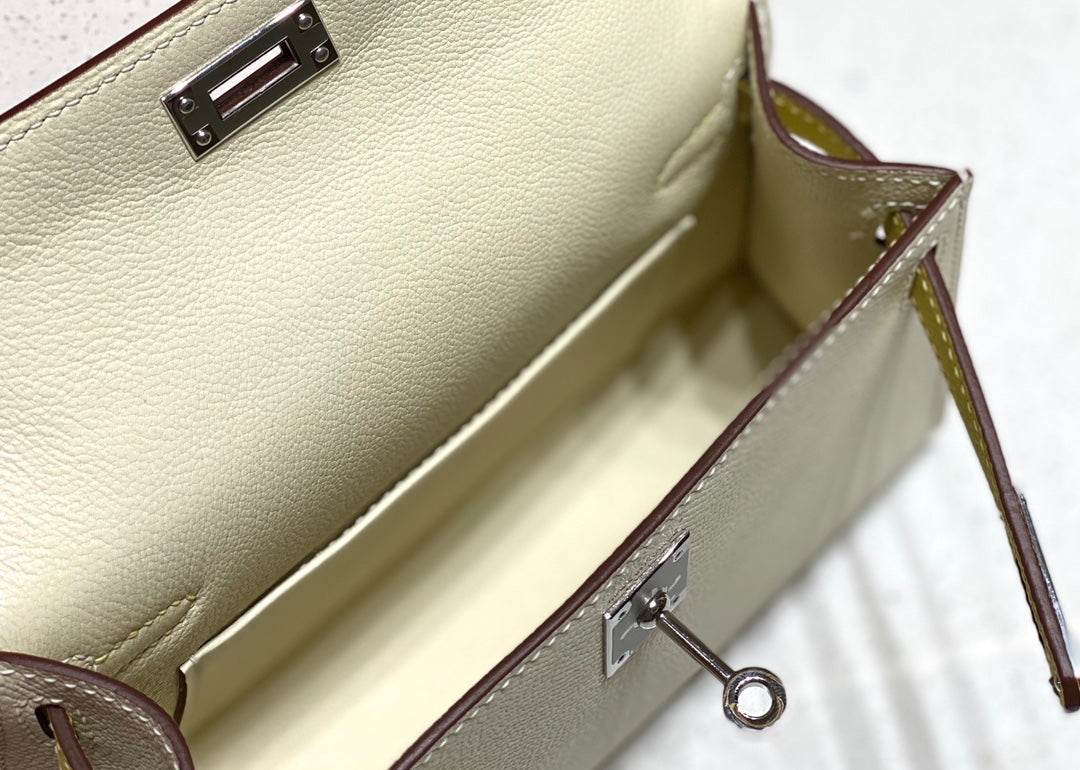 Hermes Kelly Mini 20 White Yellow Brown Epsom Silver Hardware Bag