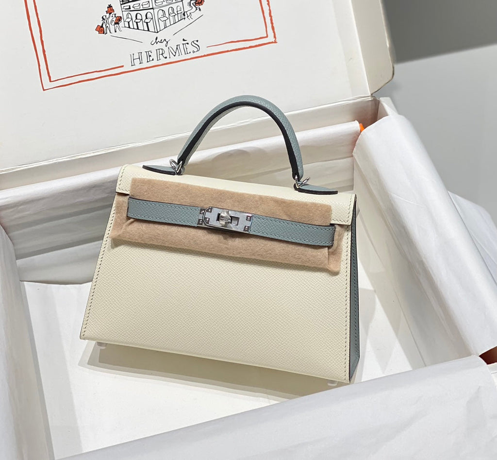 Hermes Kelly Mini 20 White Glacier Gray Epsom Silver Hardware Bag