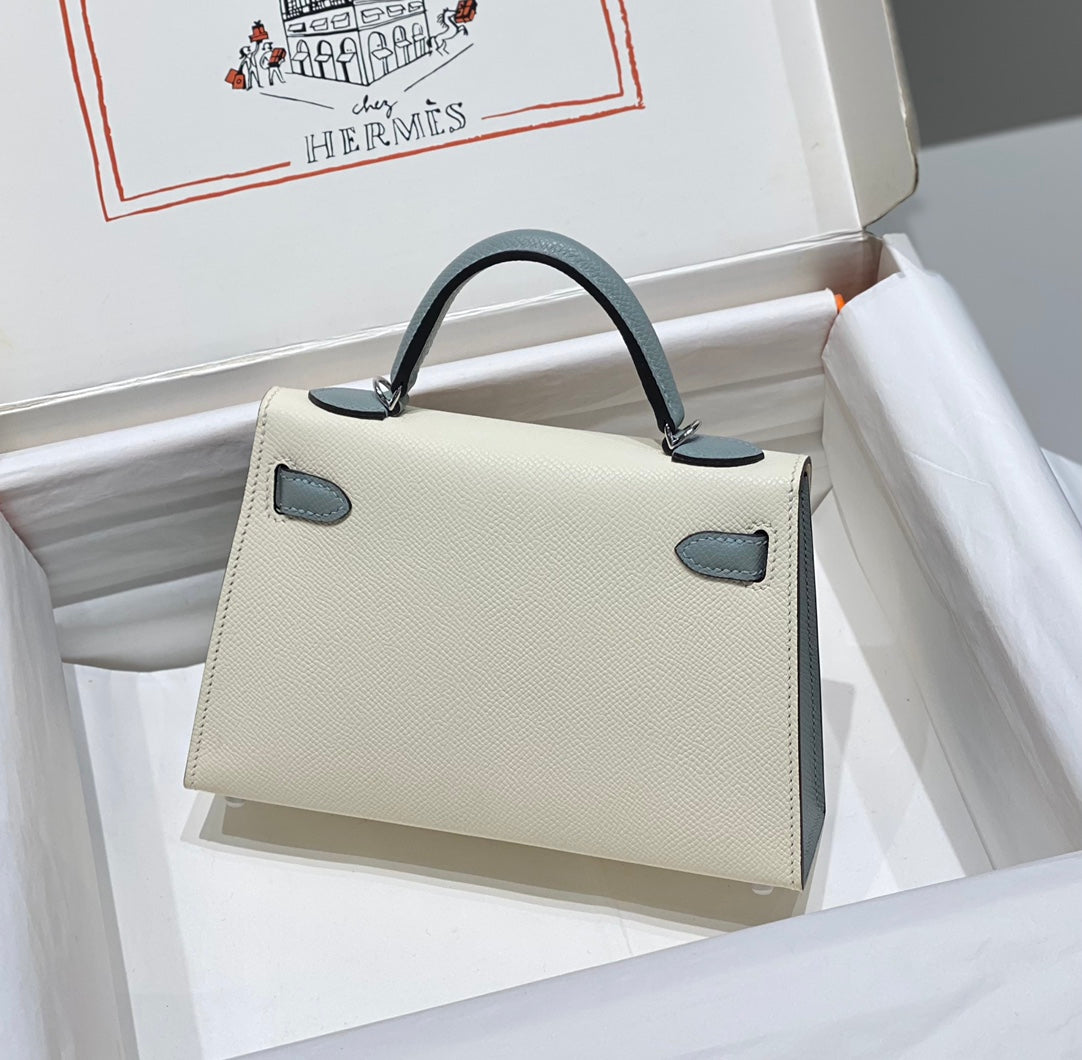 Hermes Kelly Mini 20 White Glacier Gray Epsom Silver Hardware Bag