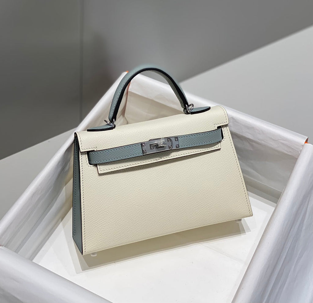 Hermes Kelly Mini 20 White Glacier Gray Epsom Silver Hardware Bag