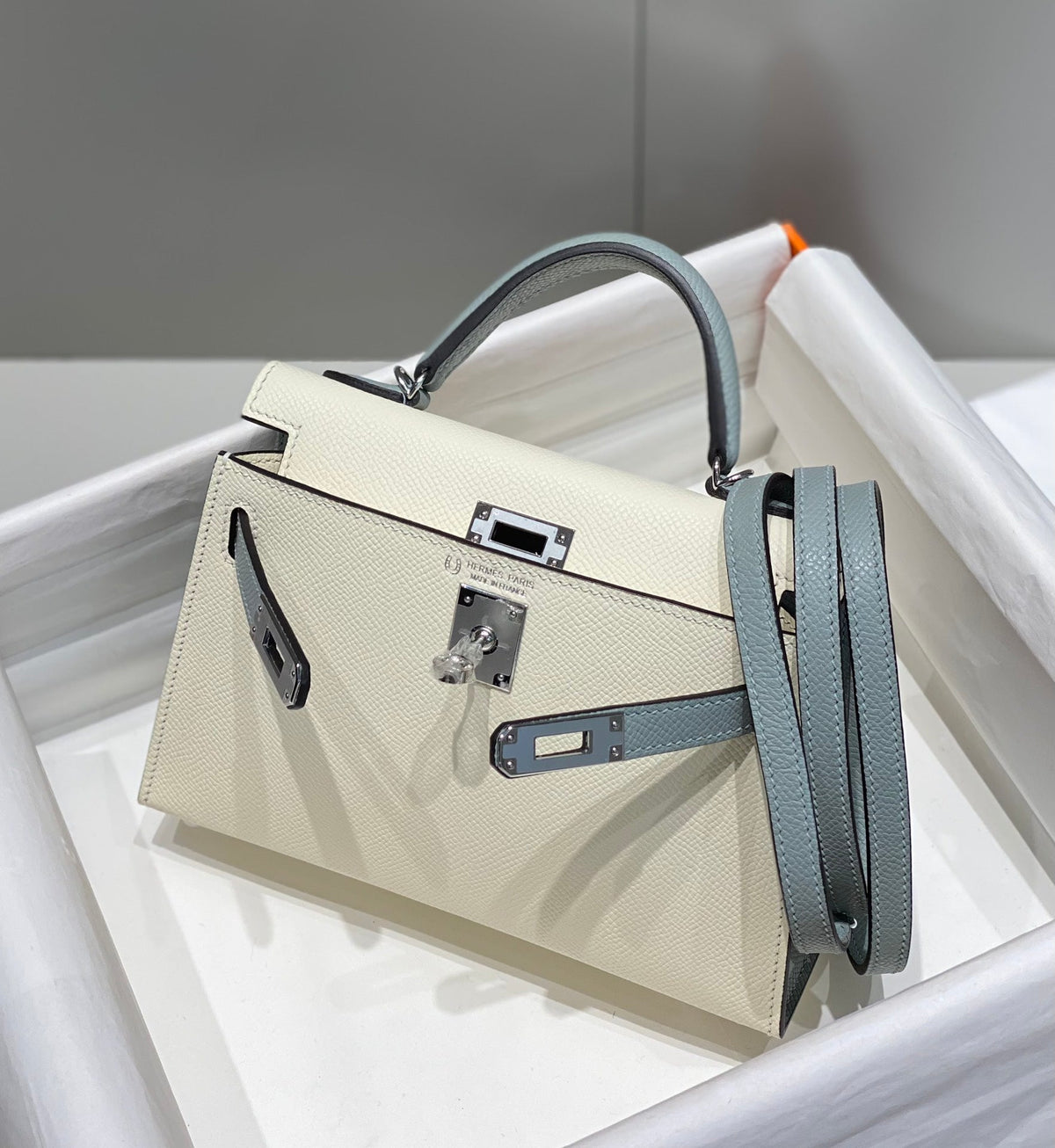 Hermes Kelly Mini 20 White Glacier Gray Epsom Silver Hardware Bag