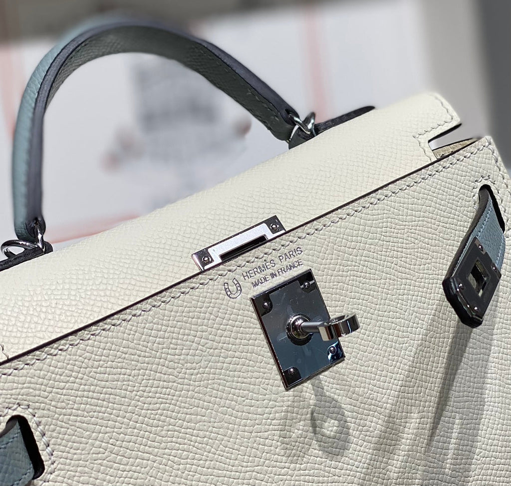 Hermes Kelly Mini 20 White Glacier Gray Epsom Silver Hardware Bag