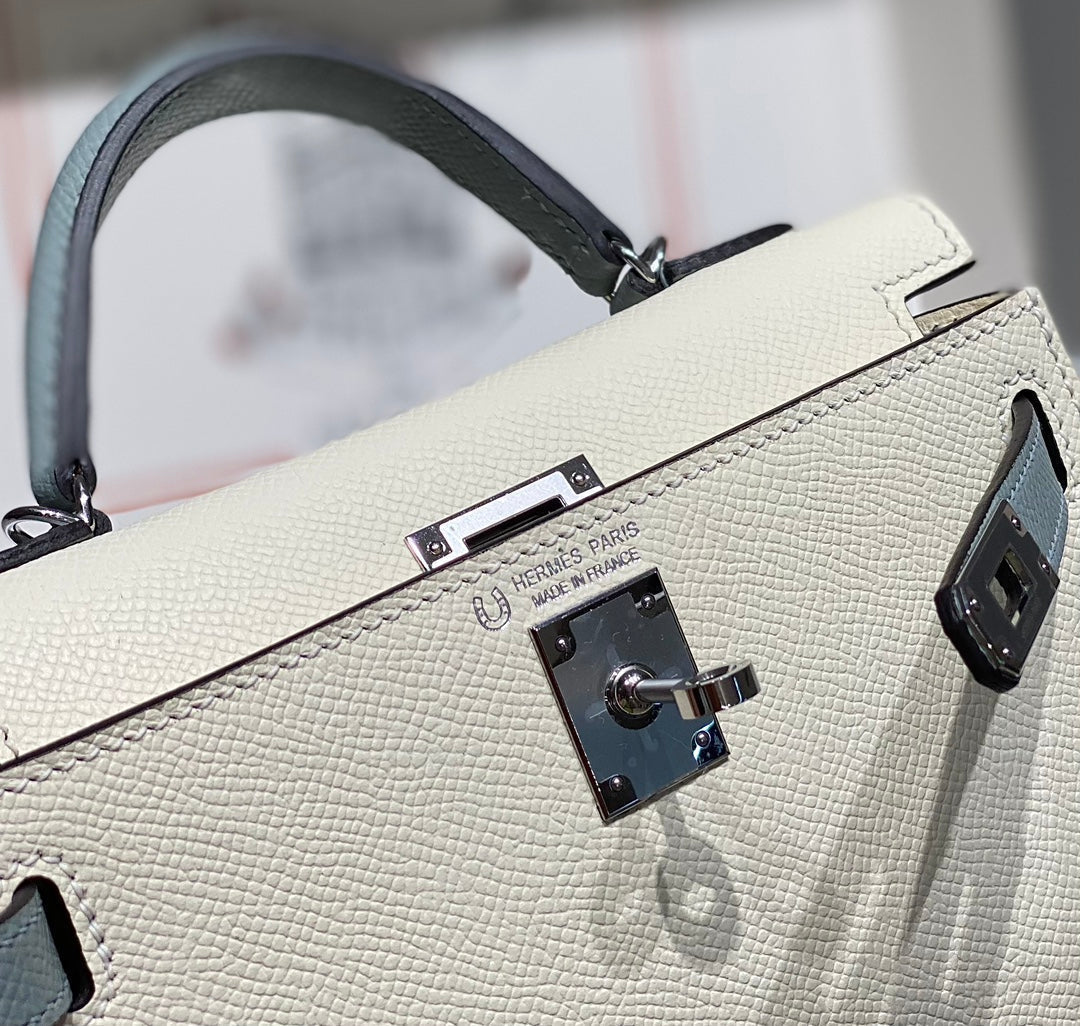 Hermes Kelly Mini 20 White Glacier Gray Epsom Silver Hardware Bag