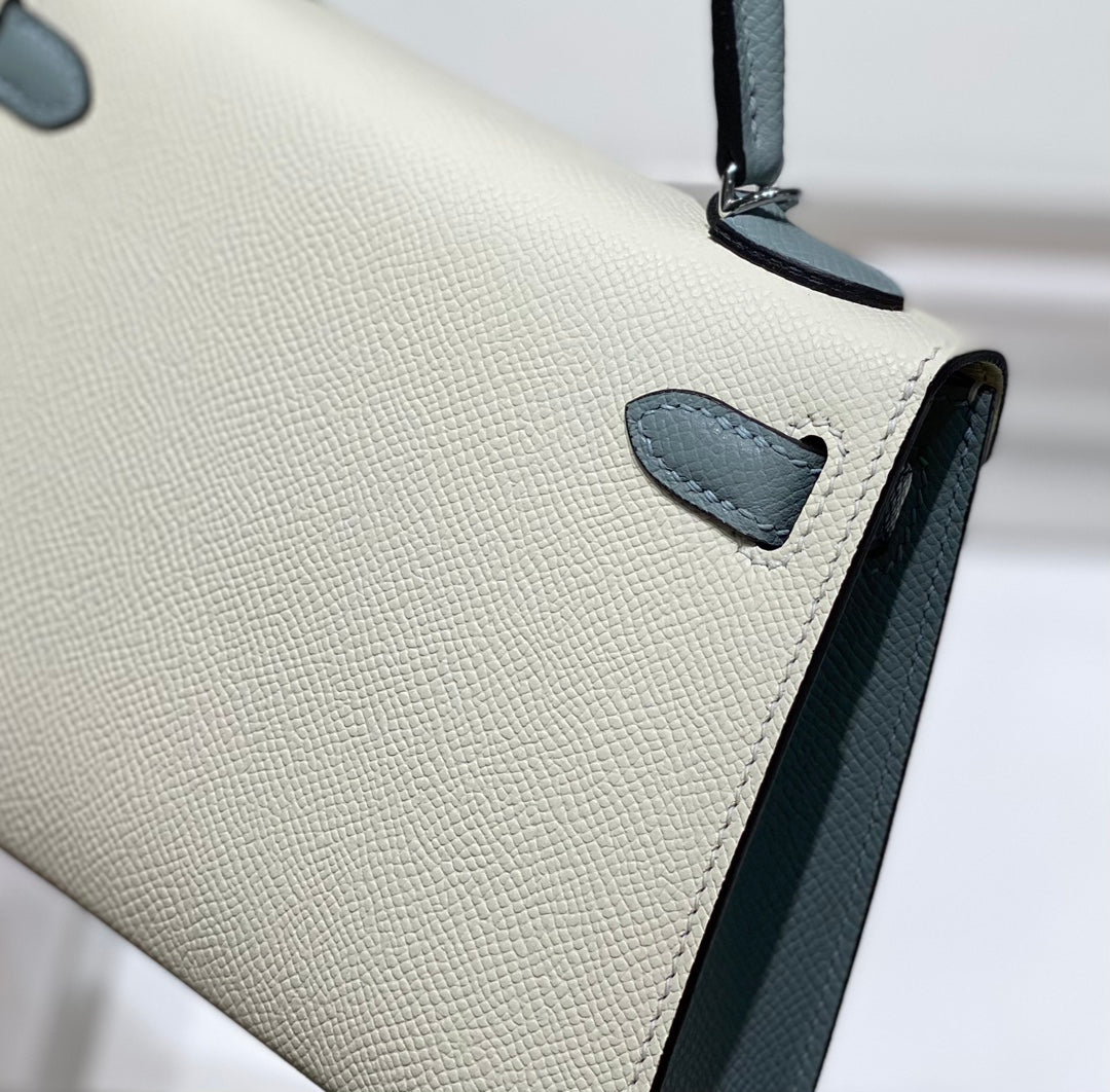 Hermes Kelly Mini 20 White Glacier Gray Epsom Silver Hardware Bag