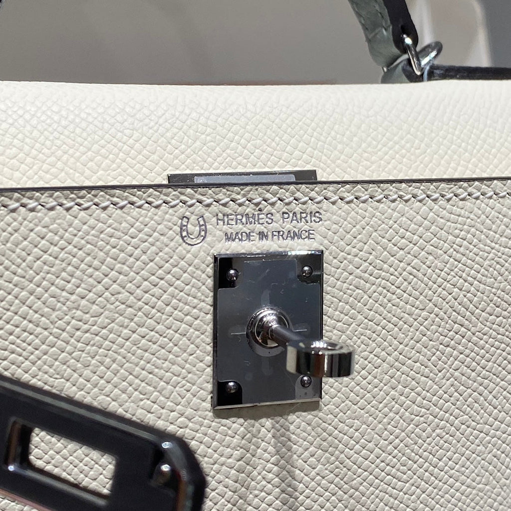 Hermes Kelly Mini 20 White Glacier Gray Epsom Silver Hardware Bag