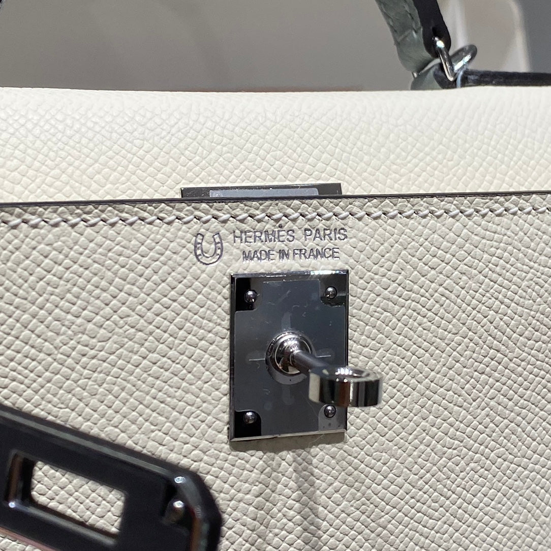 Hermes Kelly Mini 20 White Glacier Gray Epsom Silver Hardware Bag