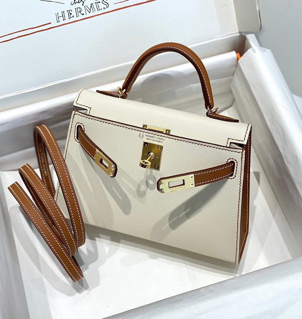 Hermes Kelly Mini 20 White Golden Brown Epsom Gold Hardware Bag