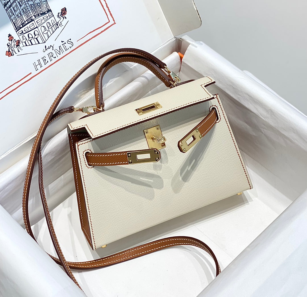 Hermes Kelly Mini 20 White Golden Brown Epsom Gold Hardware Bag