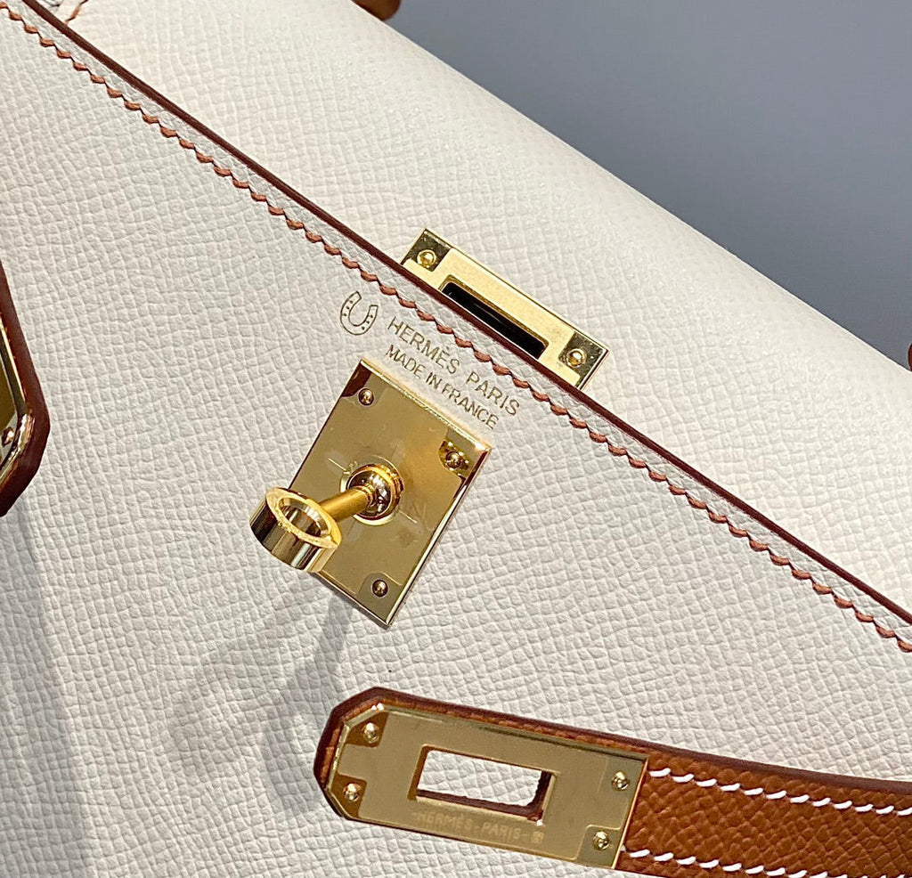 Hermes Kelly Mini 20 White Golden Brown Epsom Gold Hardware Bag