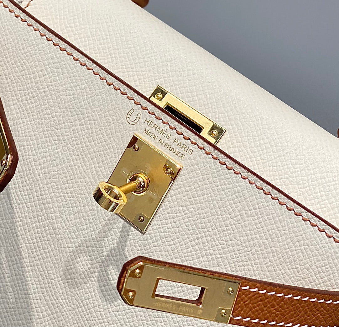 Hermes Kelly Mini 20 White Golden Brown Epsom Gold Hardware Bag