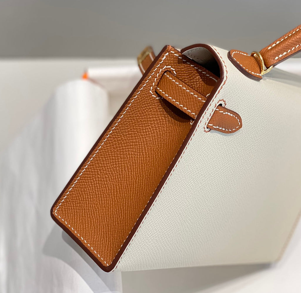 Hermes Kelly Mini 20 White Golden Brown Epsom Gold Hardware Bag