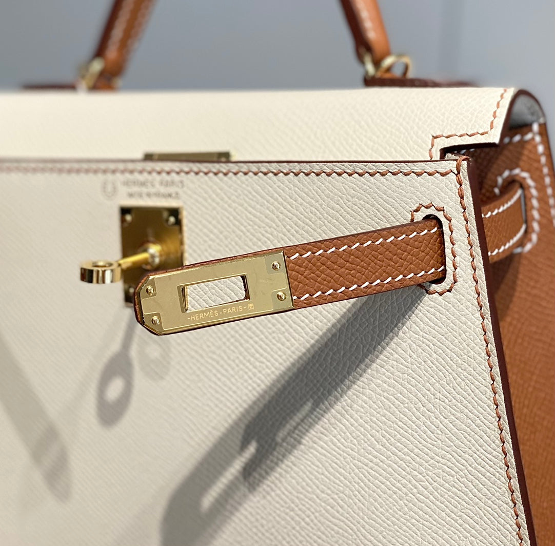 Hermes Kelly Mini 20 White Golden Brown Epsom Gold Hardware Bag