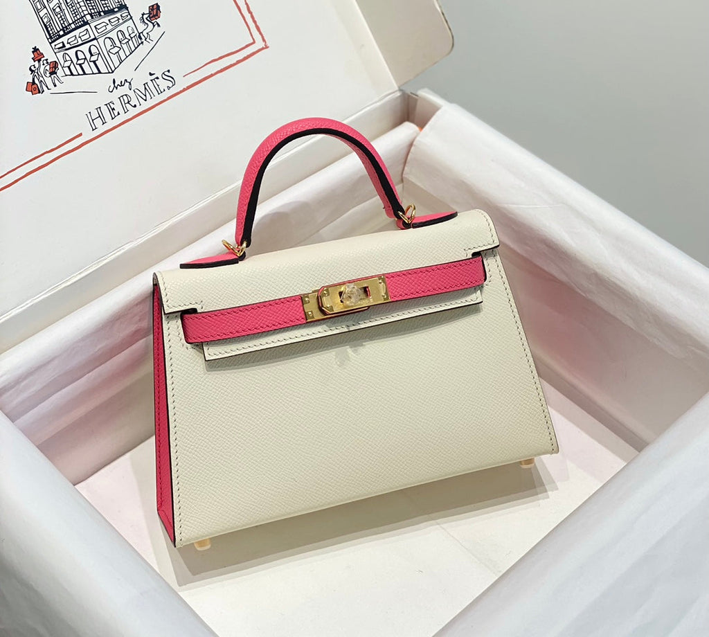 Hermes Kelly Mini 20 White Pink Epsom Gold Hardware Bag