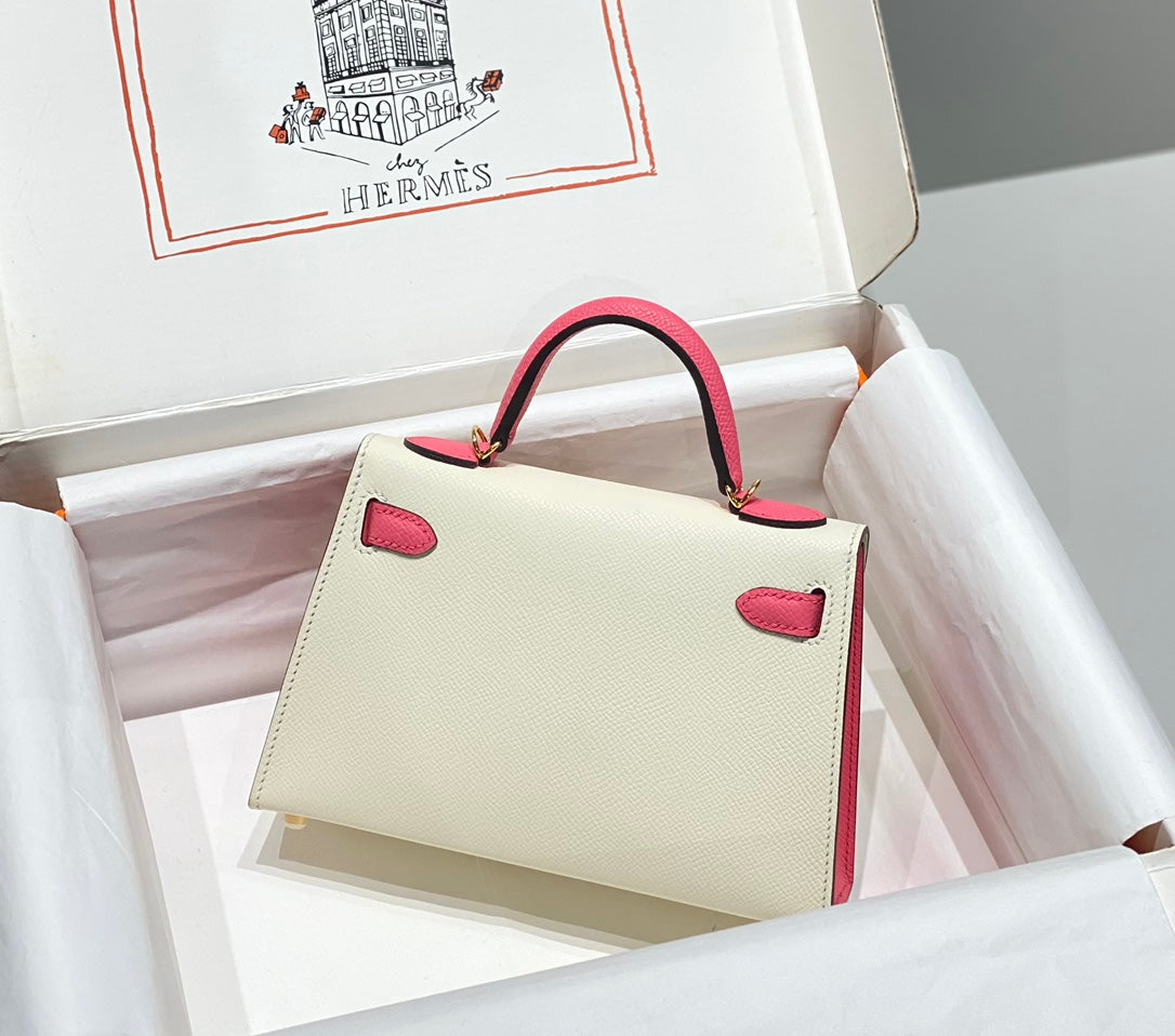 Hermes Kelly Mini 20 White Pink Epsom Gold Hardware Bag