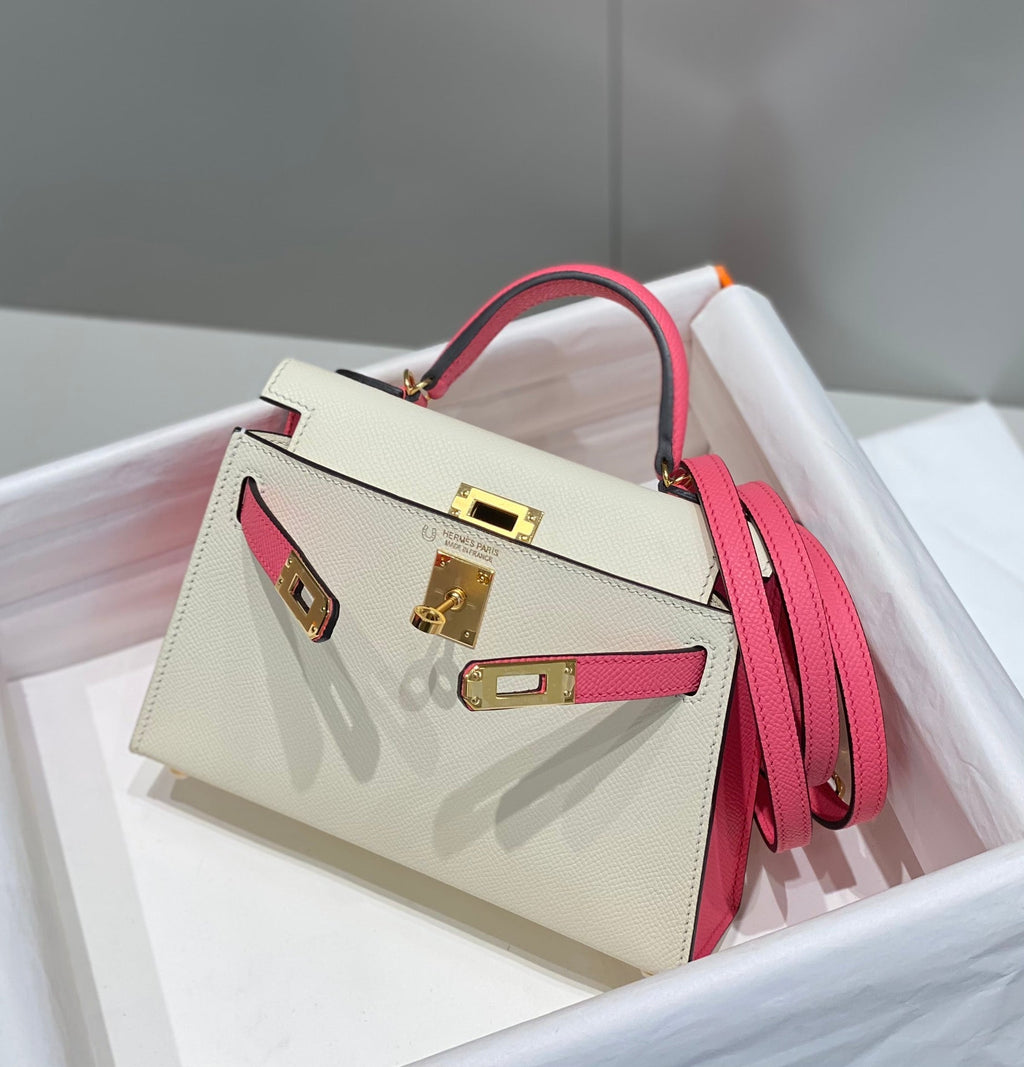 Hermes Kelly Mini 20 White Pink Epsom Gold Hardware Bag