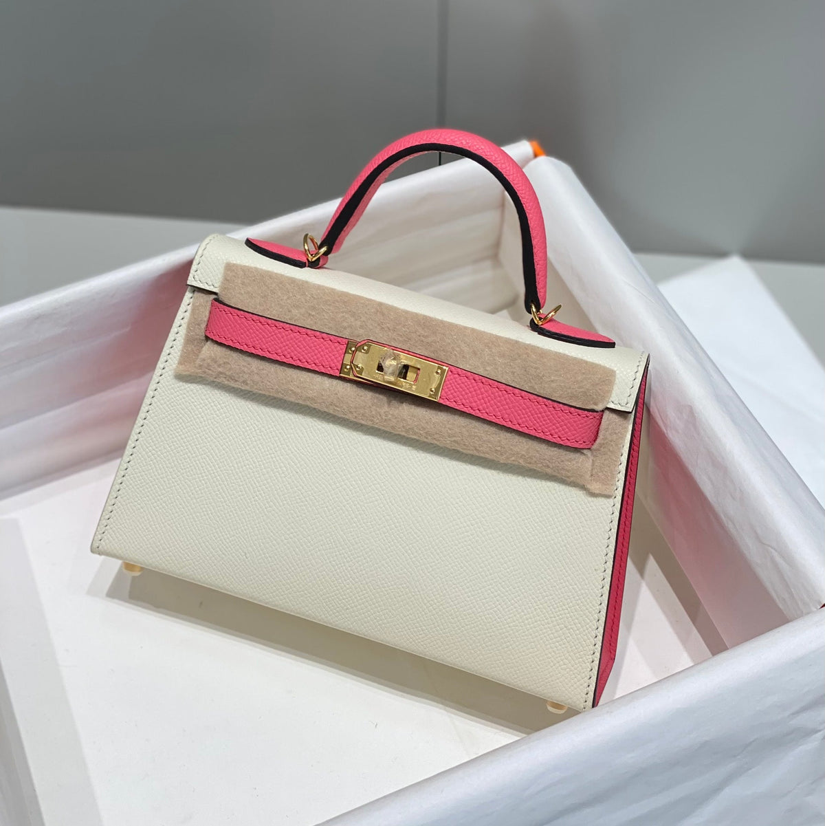 Hermes Kelly Mini 20 White Pink Epsom Gold Hardware Bag