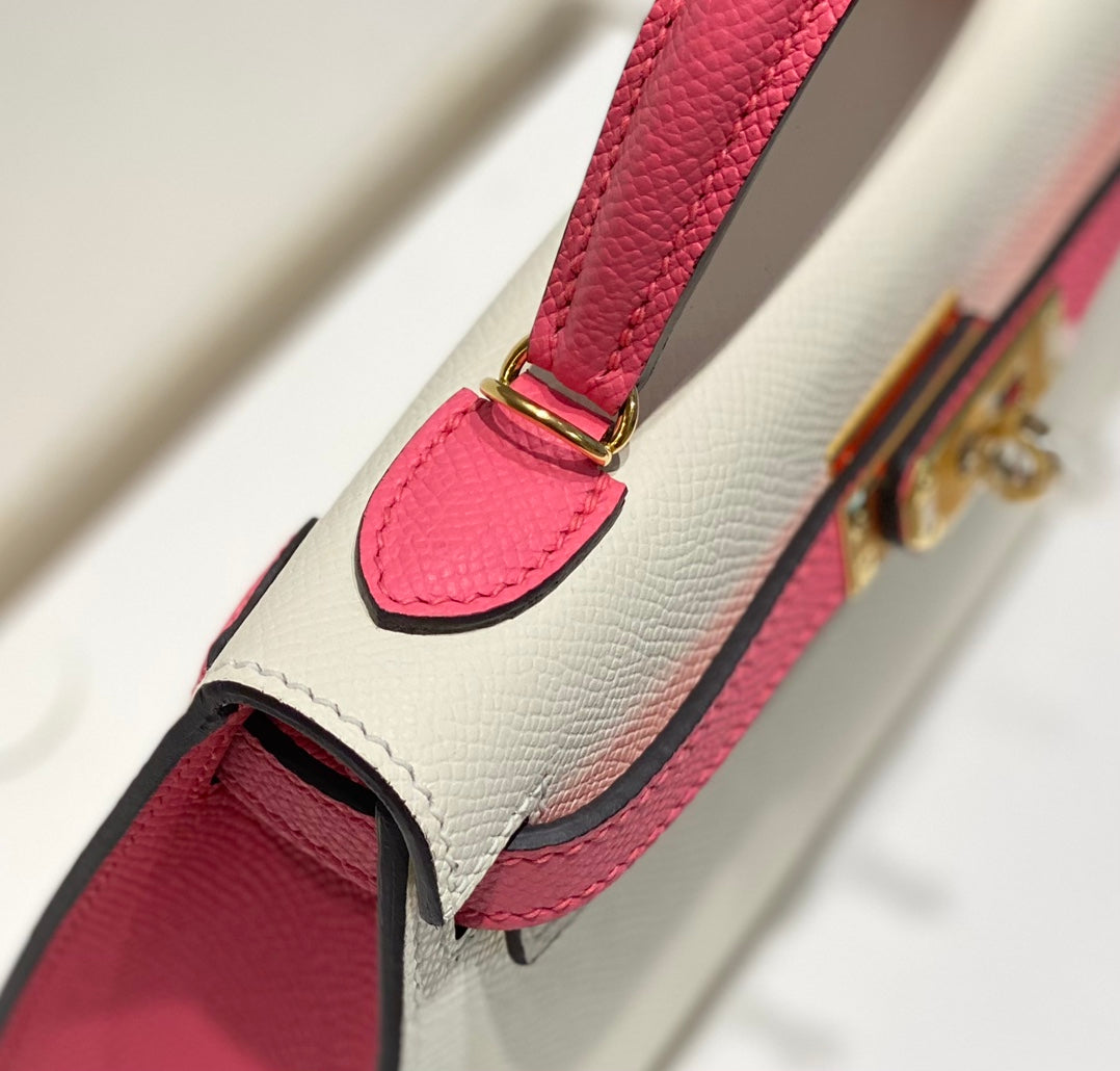 Hermes Kelly Mini 20 White Pink Epsom Gold Hardware Bag