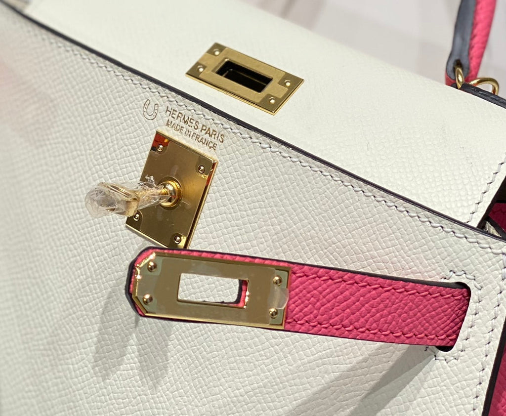 Hermes Kelly Mini 20 White Pink Epsom Gold Hardware Bag
