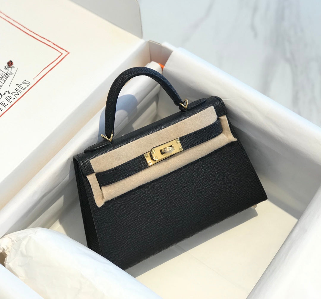 Hermes Kelly Mini 20 Black Epsom Gold Hardware Bag