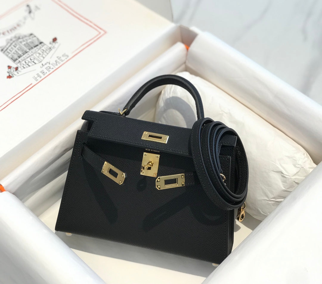 Hermes Kelly Mini 20 Black Epsom Gold Hardware Bag