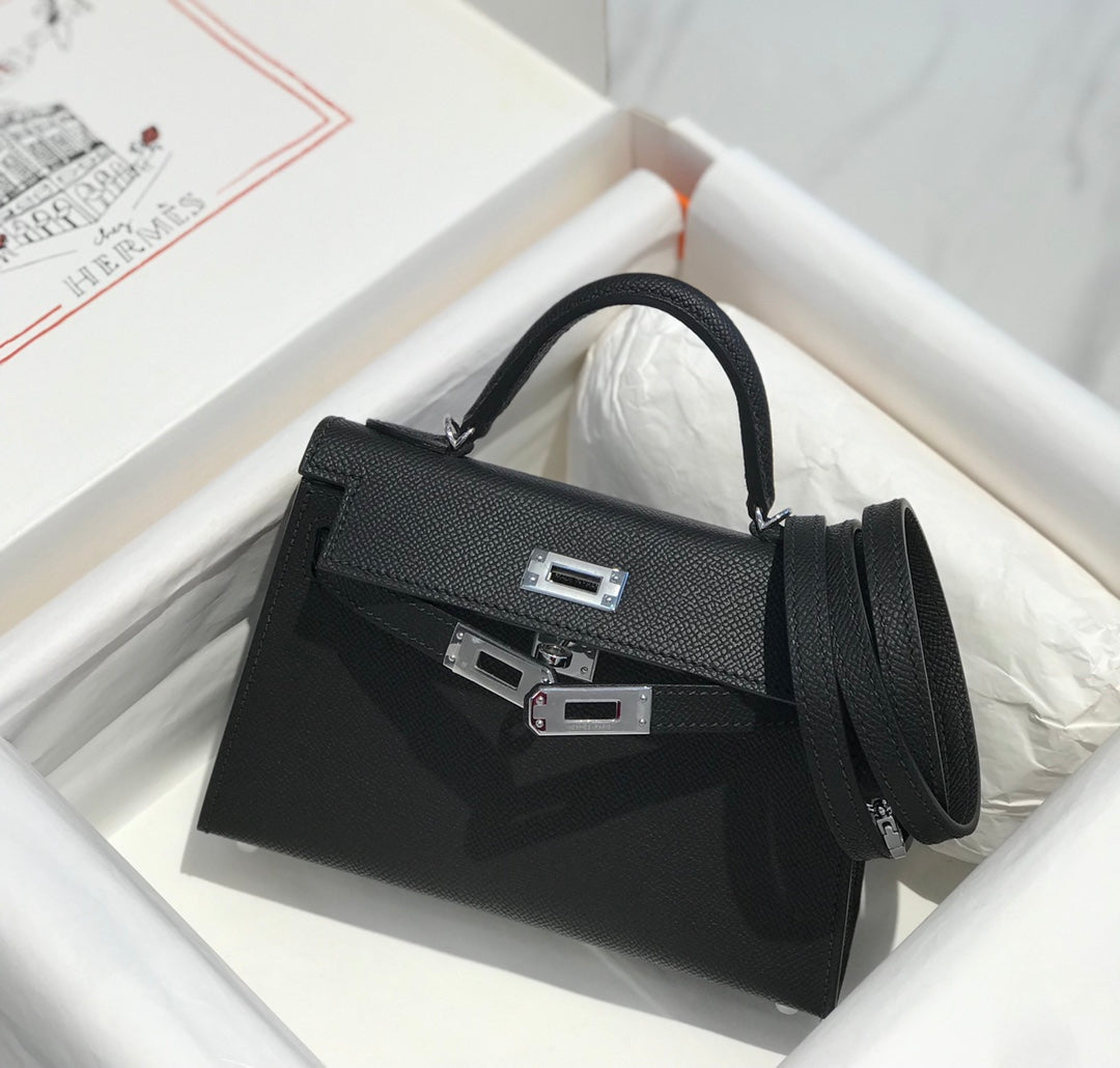 Hermes Kelly Mini 20 Black Epsom Silver Hardware Bag