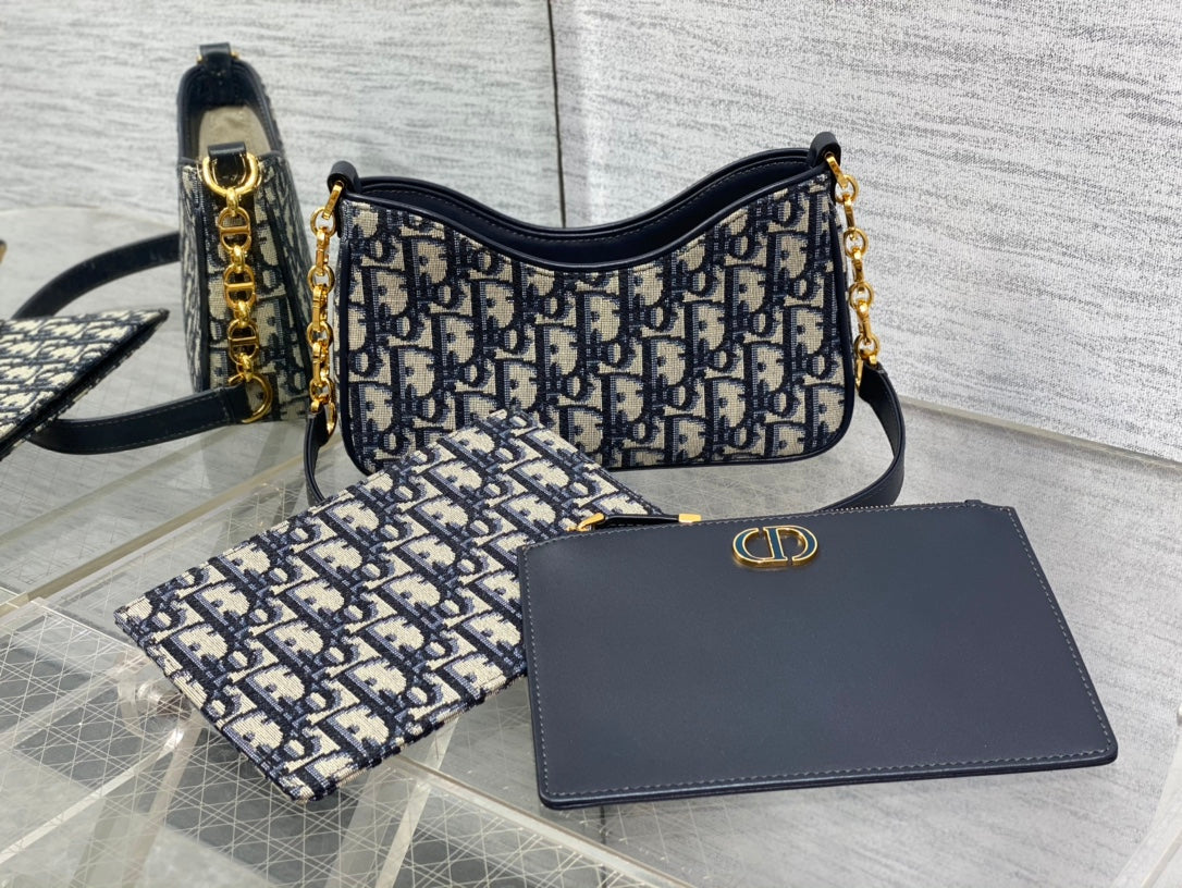Dior CD Hobo Avenue 21cm Blue Oblique Embroidery