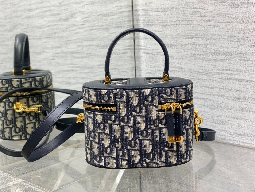 Dior CD Signature Vanity 16cm Blue Oblique Embroidery Bag