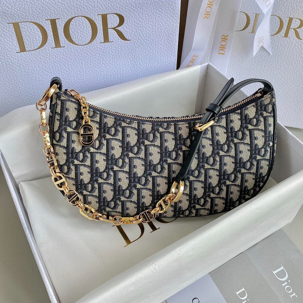 Dior CD Lounge 26cm Blue Oblique Embroidery Bag