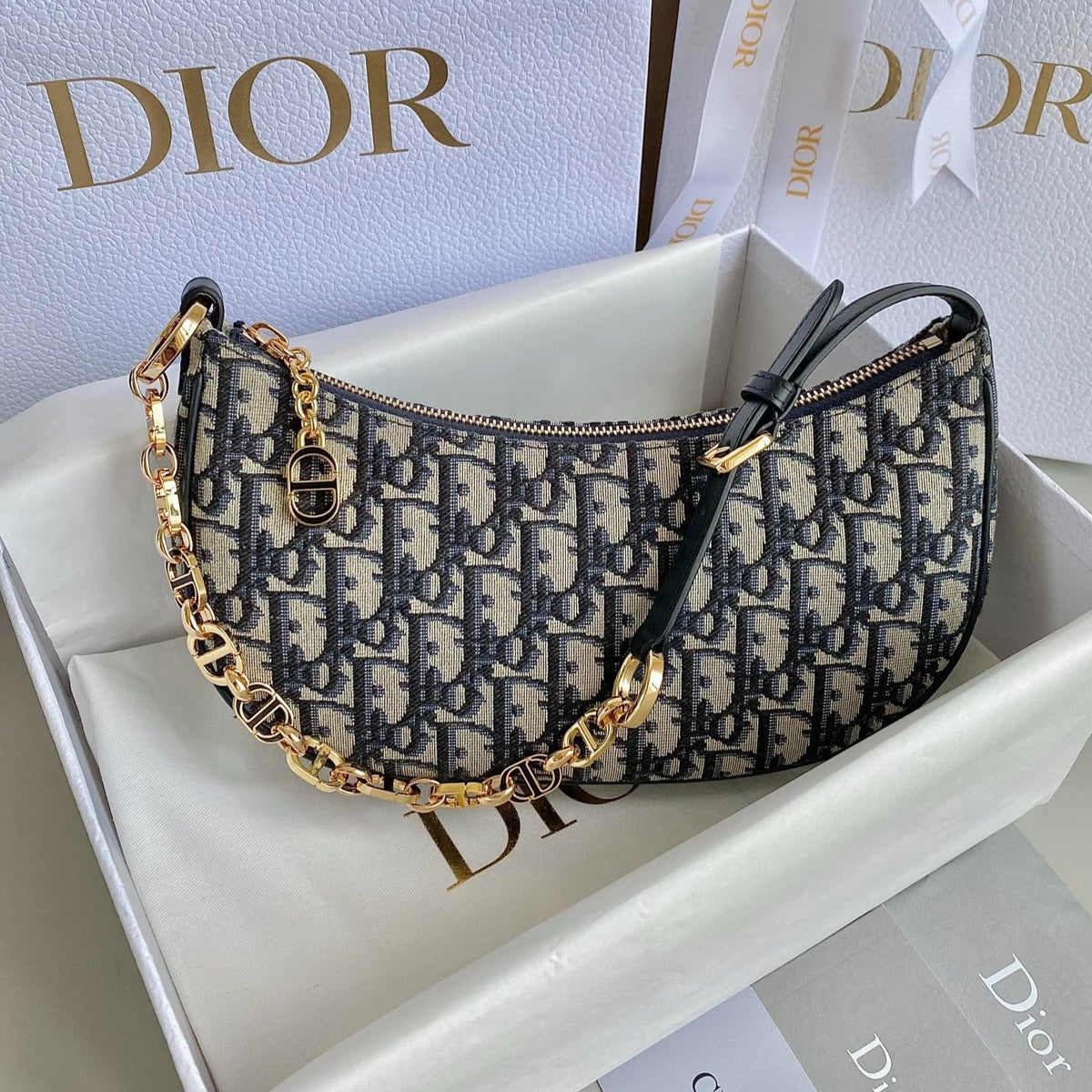 Dior CD Lounge 26cm Blue Oblique Embroidery Bag