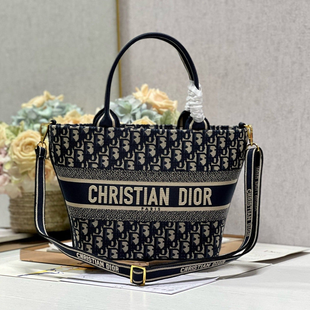Dior CD New Basket Bag Blue Oblique Embroidery
