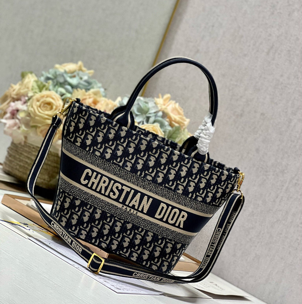 Dior CD New Basket Bag Blue Oblique Embroidery